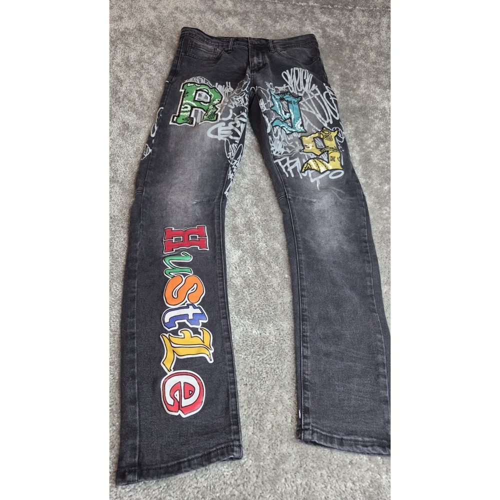 Rue21 Graffiti Jeans Mens 30X32 Skinny Black Arc Supreme Flex Paint Print HipHop